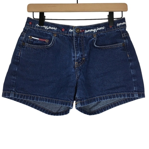 TOMMY JEANS Shorts Vintage Y2K 2002 Denim Spellout Waistband Embroidered Size 7 - Picture 1 of 10